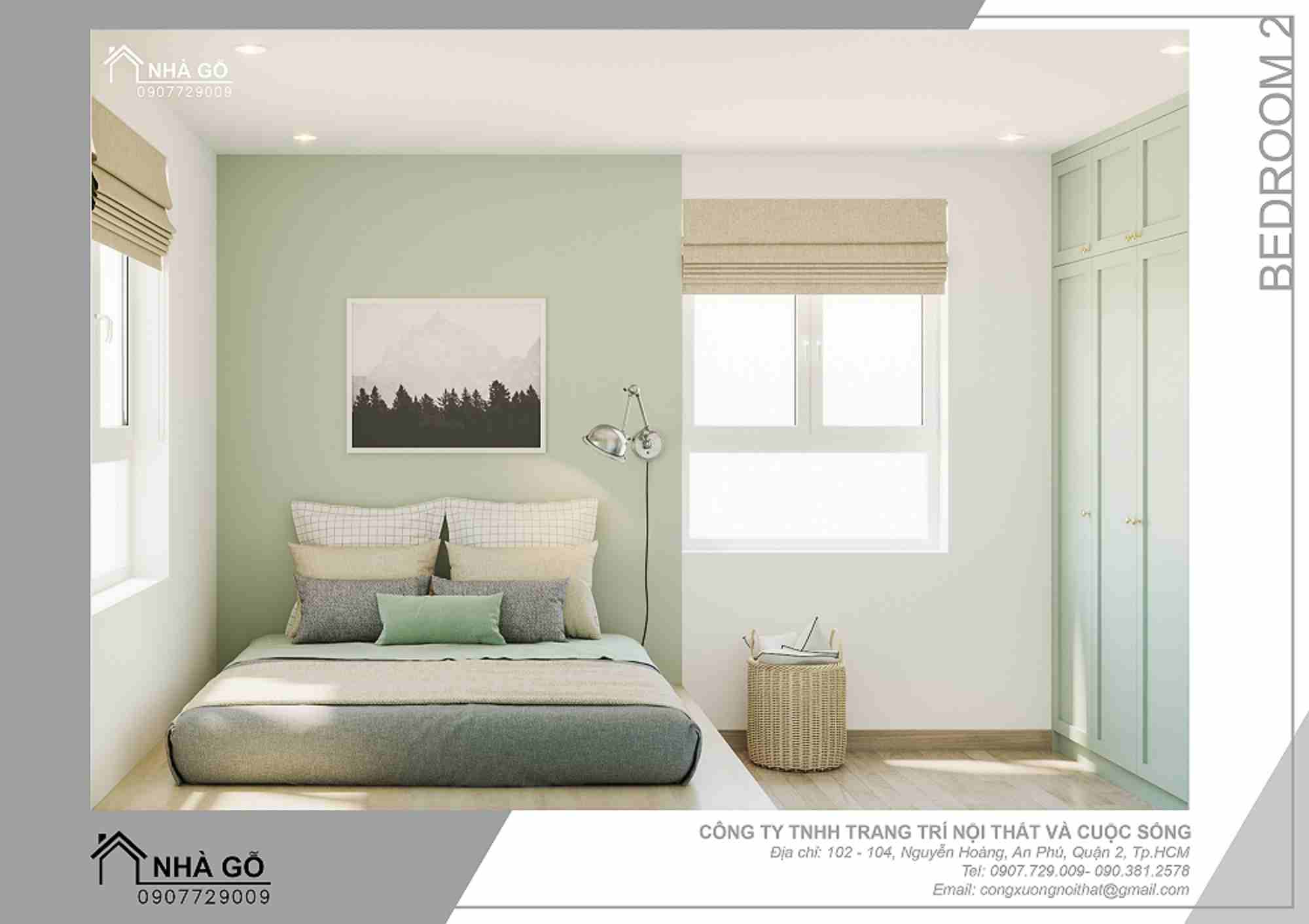 Tông màu xanh pastel sáng cho phòng ngủ nhỏ được sử dụng tại công trình Ngọc Lan 