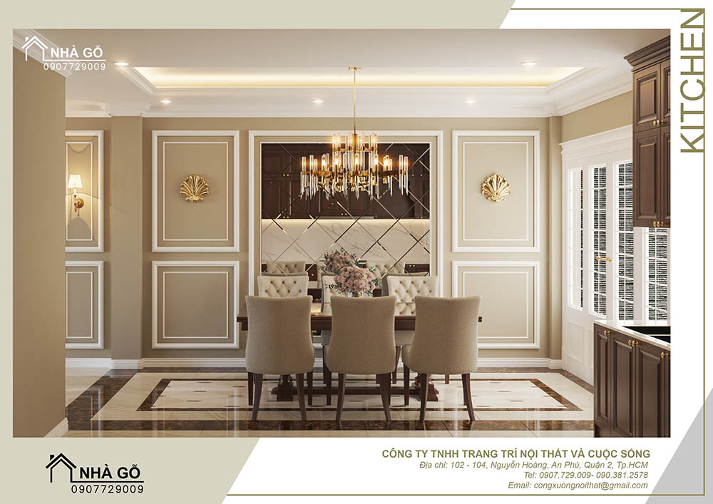 Phòng ăn với đèn chùm pha lê ấn tượng và khung chia decor cân đối trên tường - điểm đặc trưng của phong cách Tân cổ điển